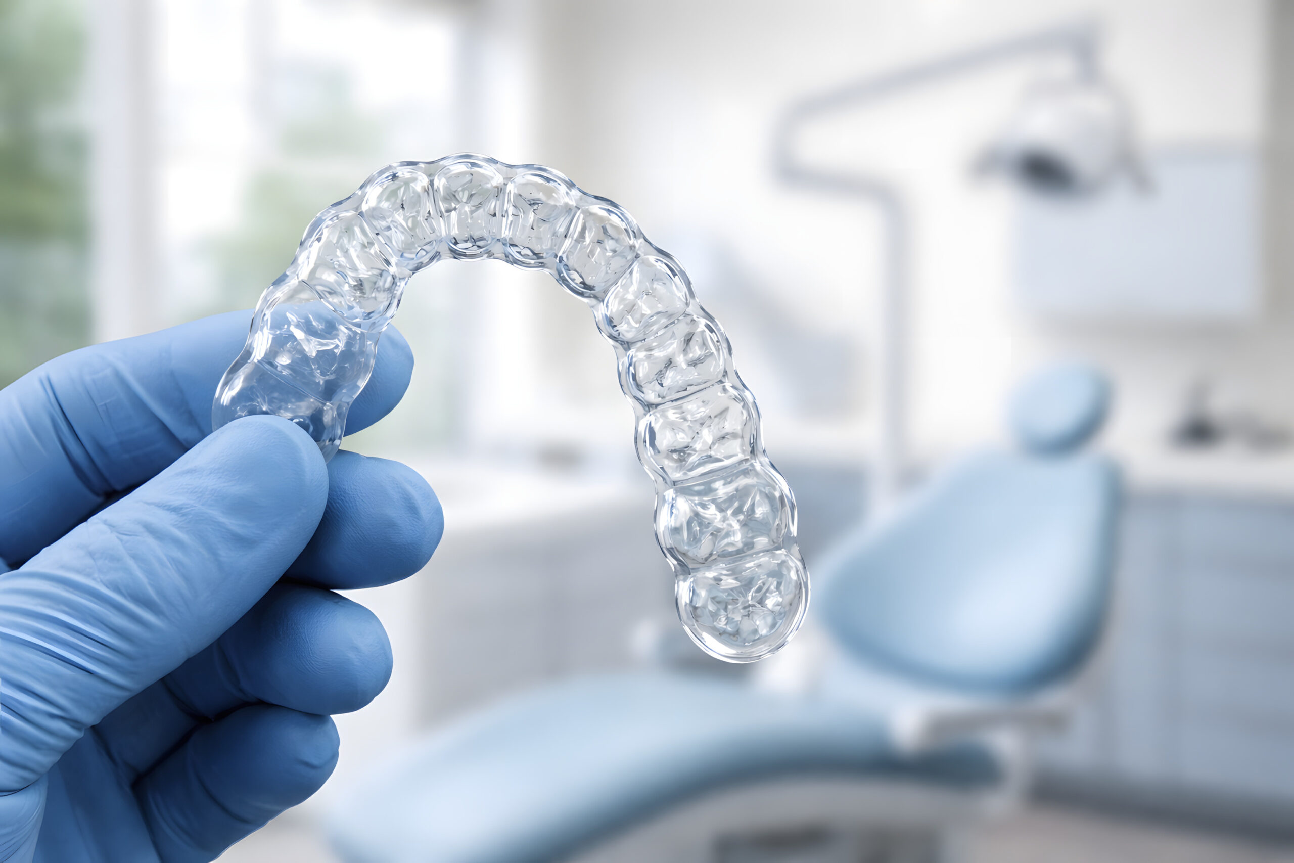 Clear dental aligner held by a gloved hand in a modern dental office