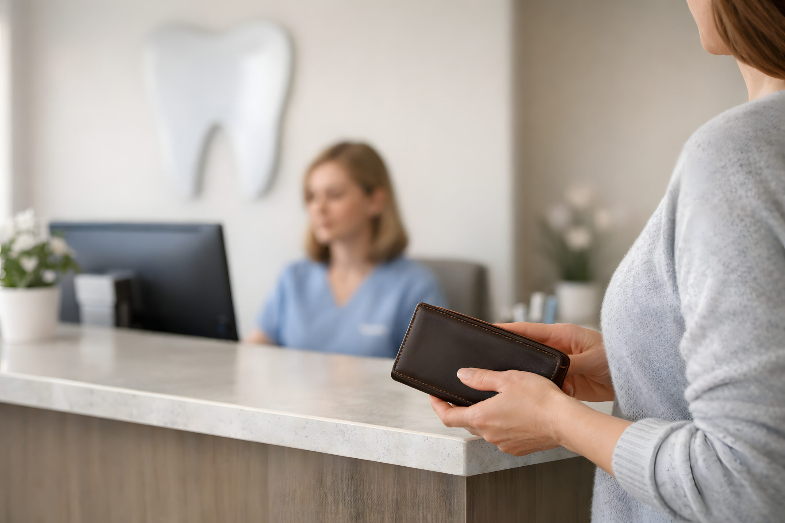 Woman preparing to pay at the dental reception desk after treatment